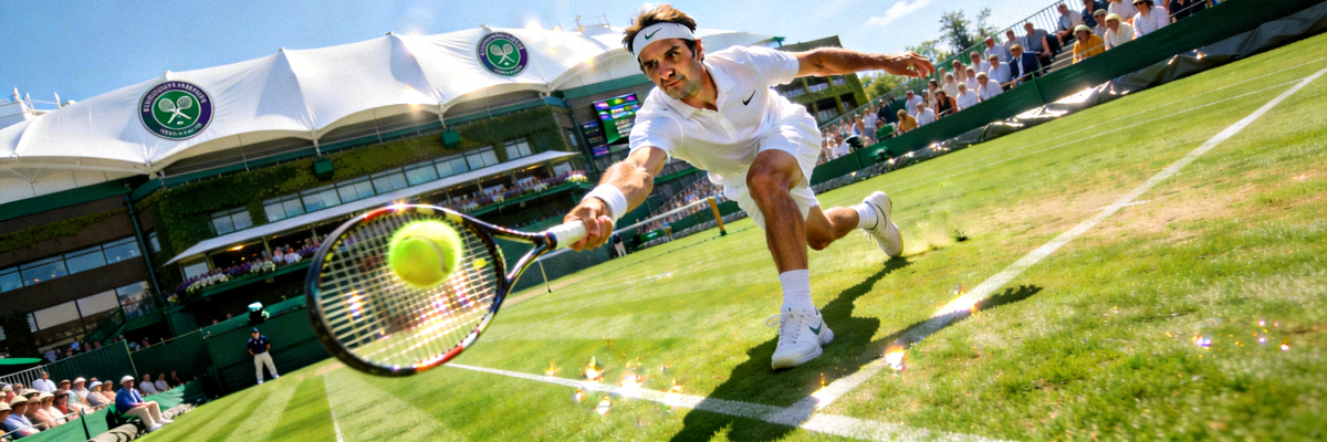 温网锦标赛比赛画面 - 运动员在草地上奋力击球